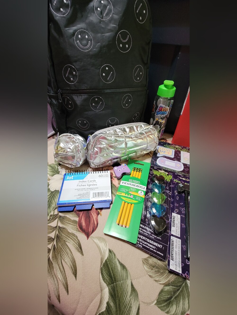 821-Art Class Black Smiley Gamer Themed Backpack & School Supplies
